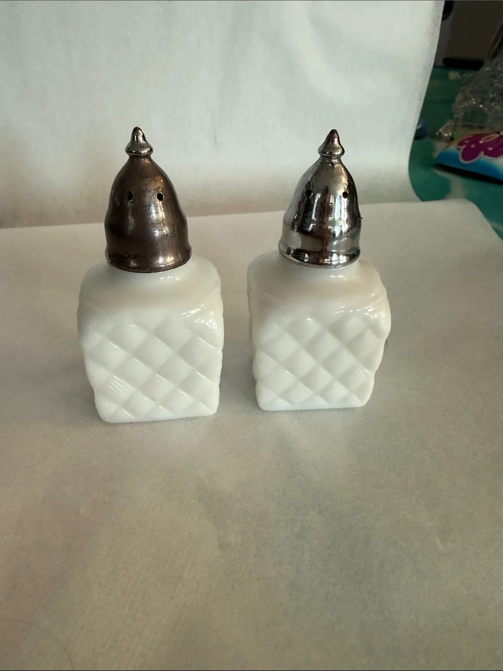 White Quilted Milk Glass Salt and Pepper Shakers - Unbranded Westmoreland?